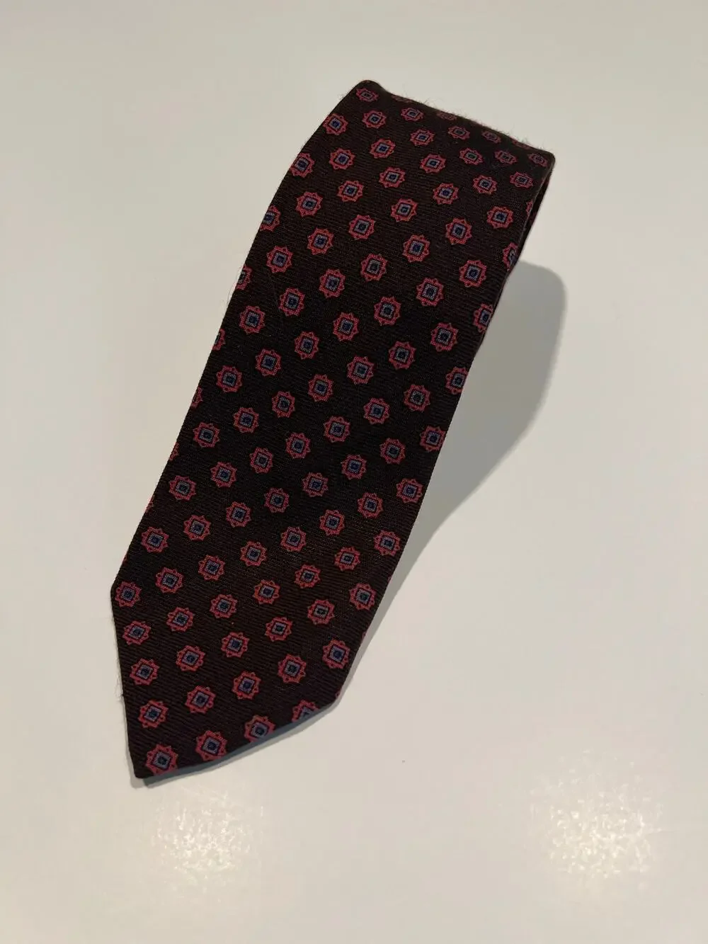 Vintage Filene's Boston Traders Silk Necktie Brown Pink Purple Geometric JL